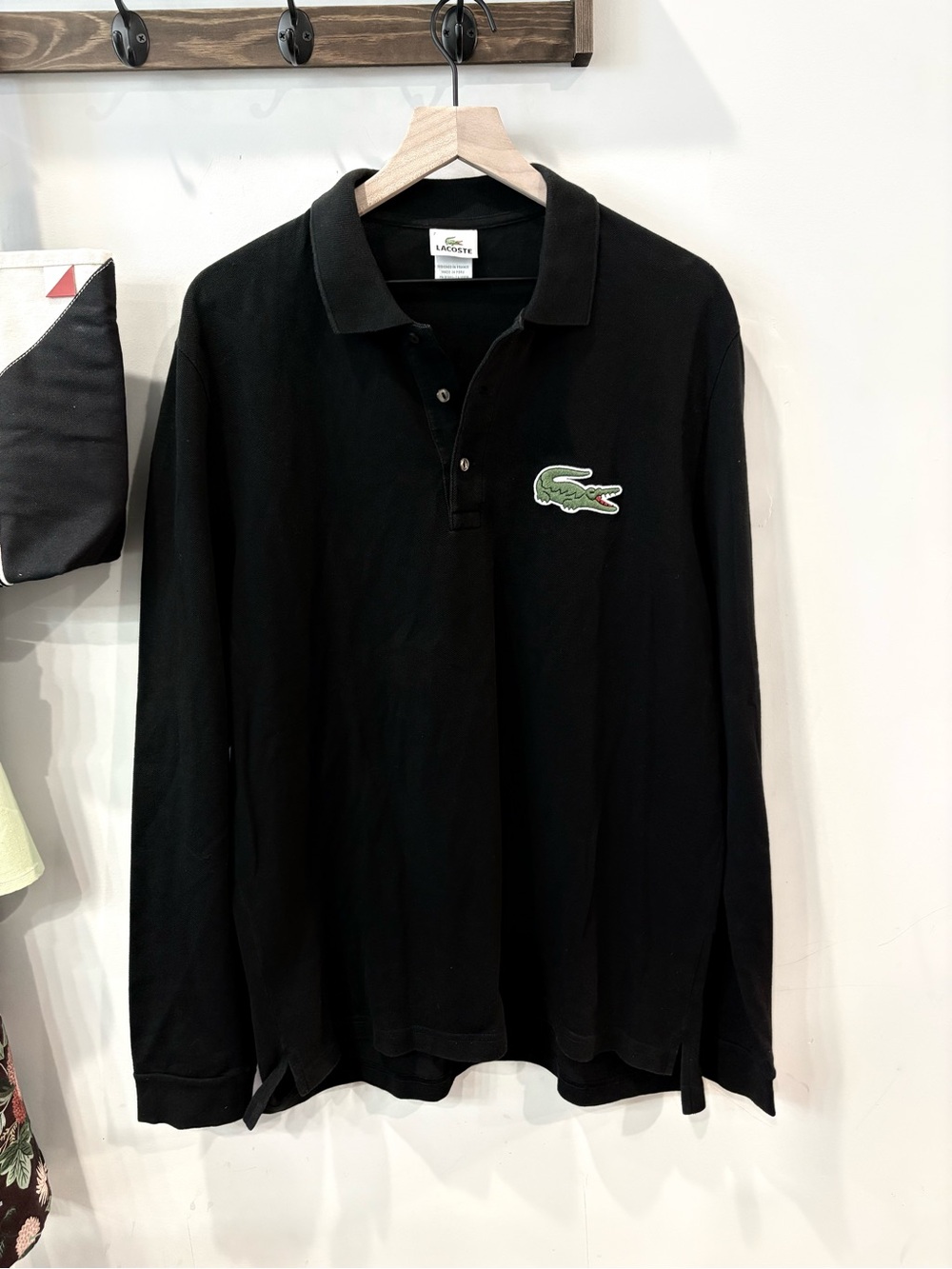 Lacoste Black Long Sleeve Polo with Green Crocodile Patch